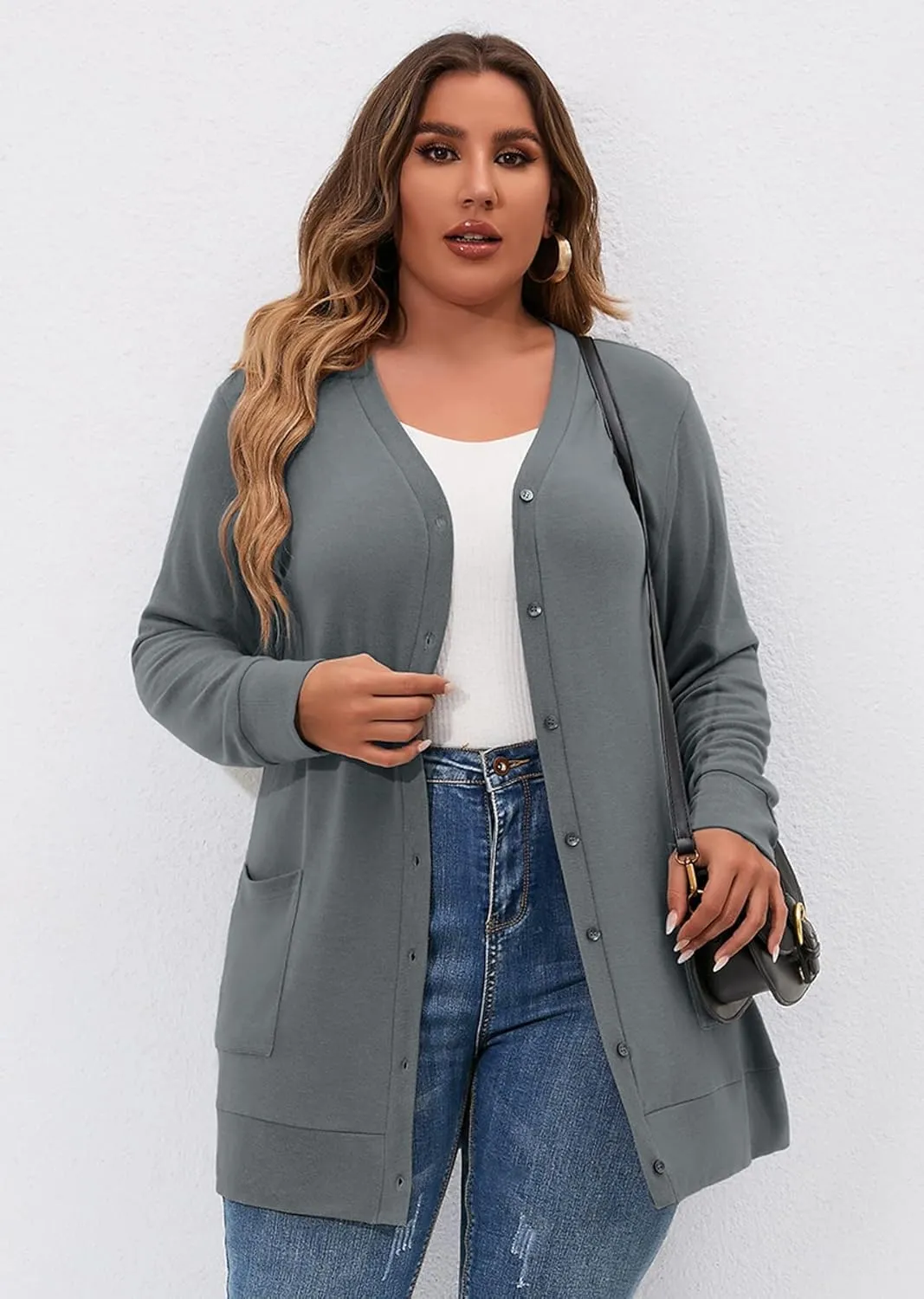 AusLook Plus Size Lightweight Cardigan For Women long Sleeve Coat Open Front Bolero Tops Button Down Soft Outwear 1X-5X