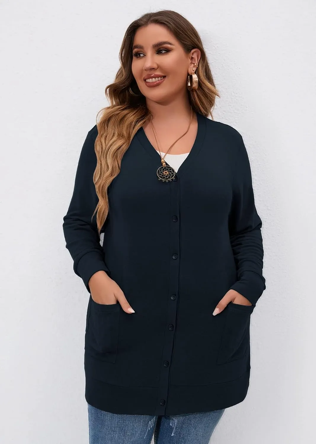 AusLook Plus Size Lightweight Cardigan For Women long Sleeve Coat Open Front Bolero Tops Button Down Soft Outwear 1X-5X