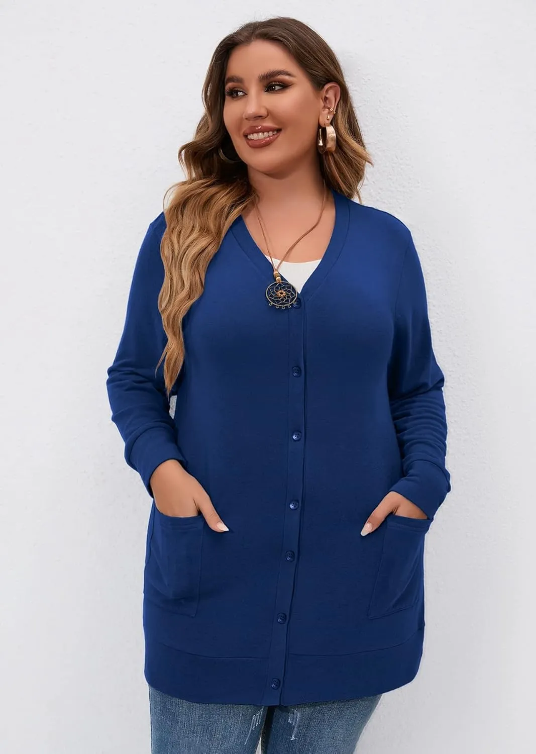 AusLook Plus Size Lightweight Cardigan For Women long Sleeve Coat Open Front Bolero Tops Button Down Soft Outwear 1X-5X