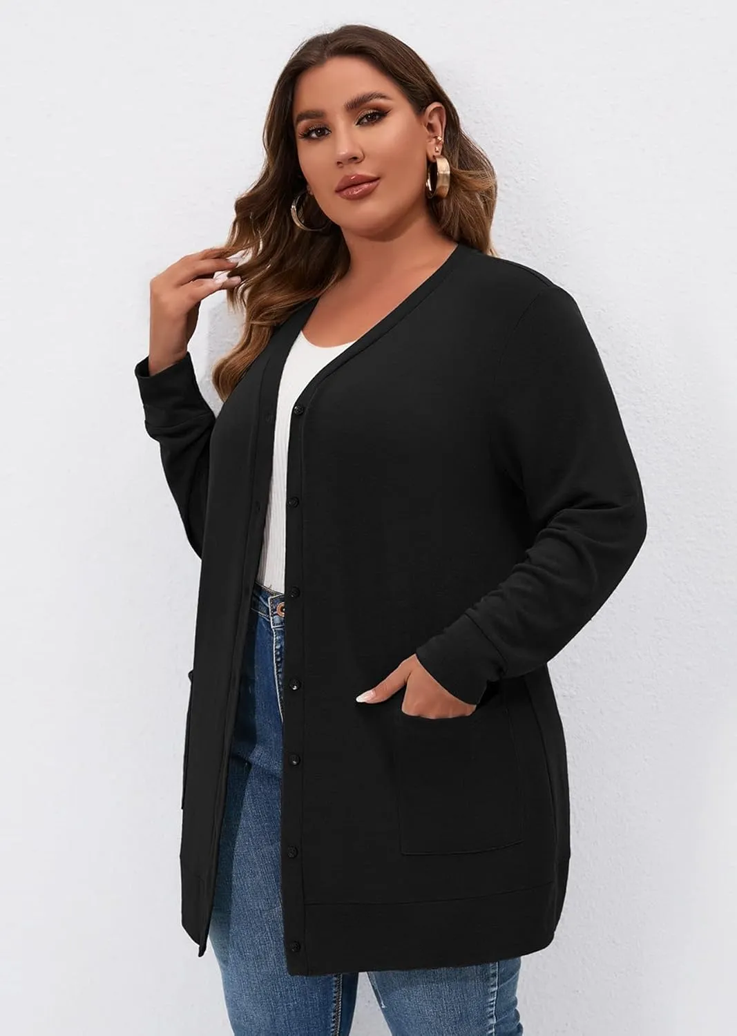 AusLook Plus Size Lightweight Cardigan For Women long Sleeve Coat Open Front Bolero Tops Button Down Soft Outwear 1X-5X