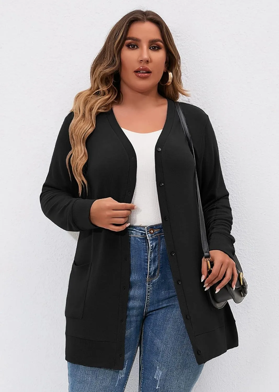 AusLook Plus Size Lightweight Cardigan For Women long Sleeve Coat Open Front Bolero Tops Button Down Soft Outwear 1X-5X