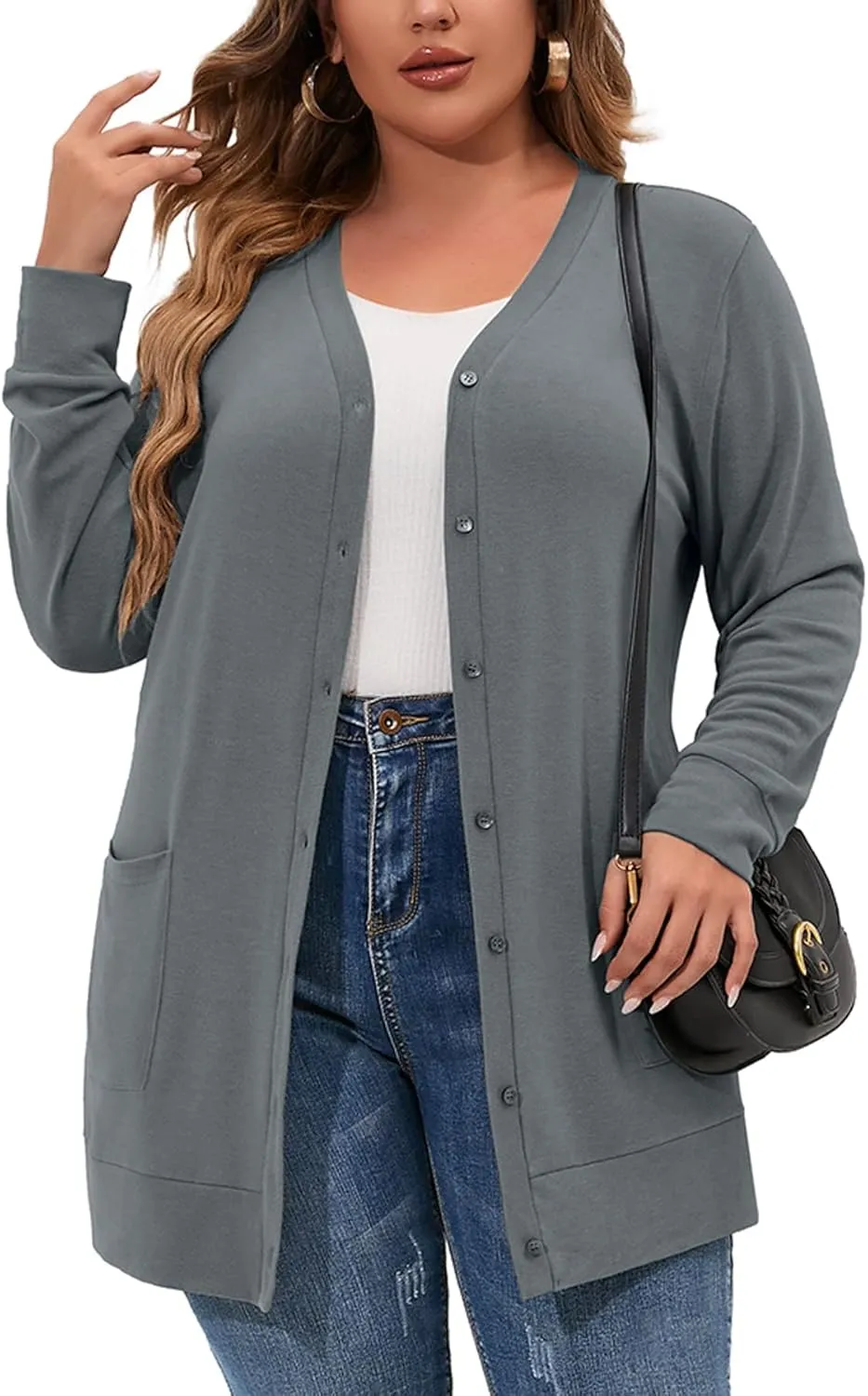 AusLook Plus Size Lightweight Cardigan For Women long Sleeve Coat Open Front Bolero Tops Button Down Soft Outwear 1X-5X