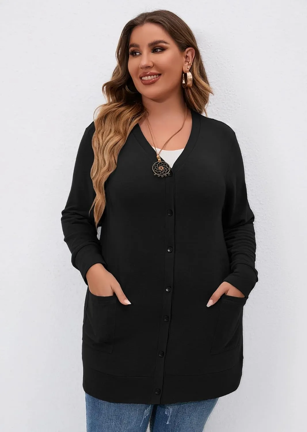 AusLook Plus Size Lightweight Cardigan For Women long Sleeve Coat Open Front Bolero Tops Button Down Soft Outwear 1X-5X