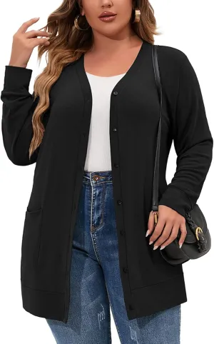 AusLook Plus Size Lightweight Cardigan For Women long Sleeve Coat Open Front Bolero Tops Button Down Soft Outwear 1X-5X