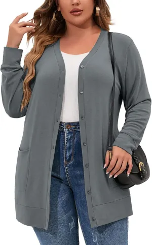 AusLook Plus Size Lightweight Cardigan For Women long Sleeve Coat Open Front Bolero Tops Button Down Soft Outwear 1X-5X