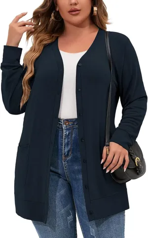 AusLook Plus Size Lightweight Cardigan For Women long Sleeve Coat Open Front Bolero Tops Button Down Soft Outwear 1X-5X