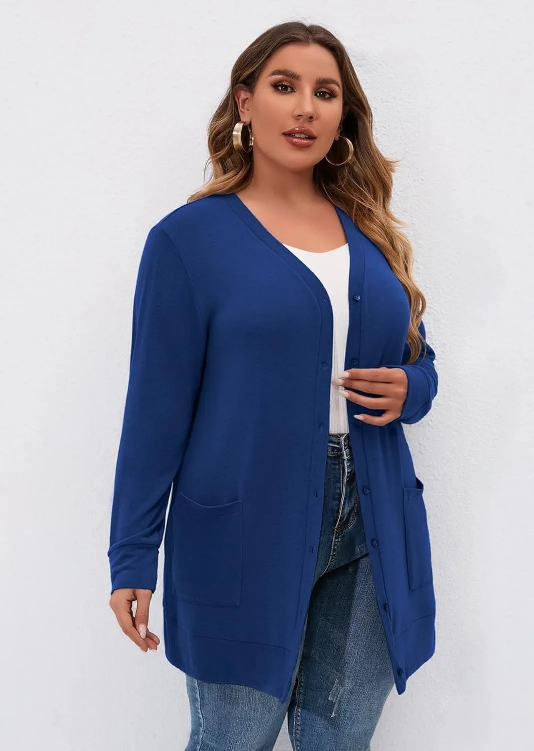 AusLook Plus Size Lightweight Cardigan For Women long Sleeve Coat Open Front Bolero Tops Button Down Soft Outwear 1X-5X