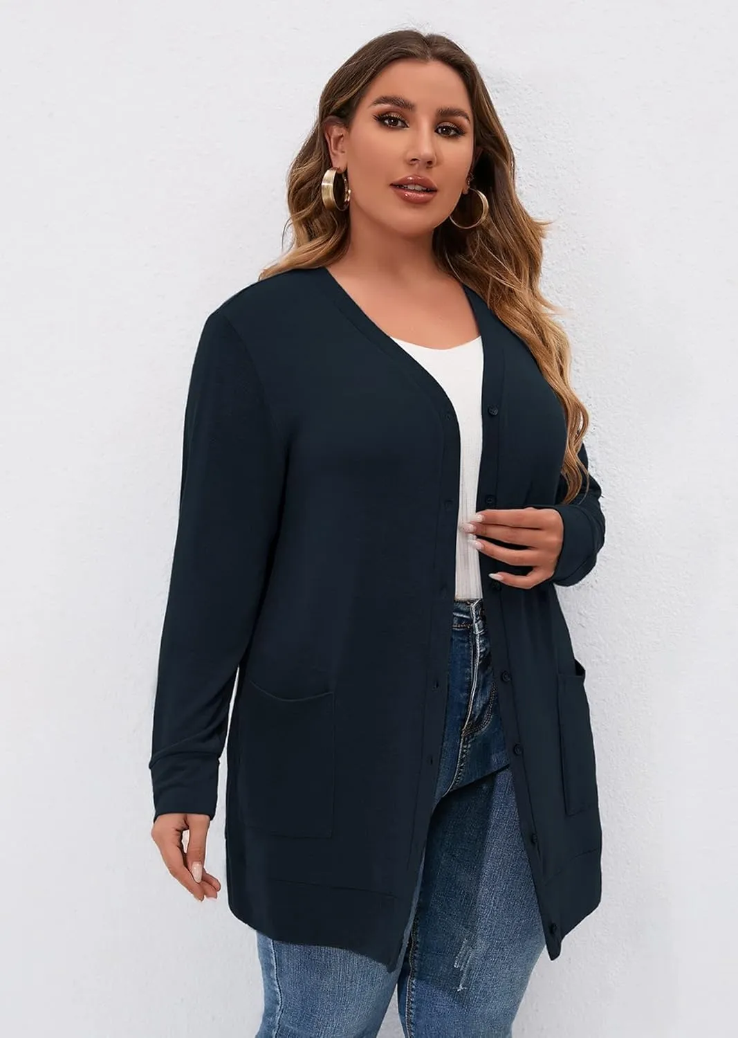 AusLook Plus Size Lightweight Cardigan For Women long Sleeve Coat Open Front Bolero Tops Button Down Soft Outwear 1X-5X