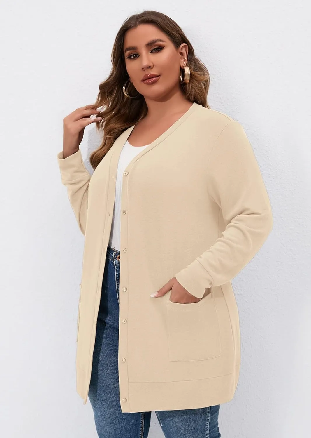 AusLook Plus Size Lightweight Cardigan For Women long Sleeve Coat Open Front Bolero Tops Button Down Soft Outwear 1X-5X