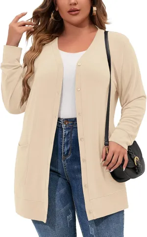 AusLook Plus Size Lightweight Cardigan For Women long Sleeve Coat Open Front Bolero Tops Button Down Soft Outwear 1X-5X