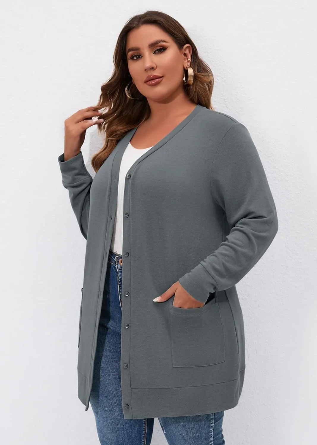 AusLook Plus Size Lightweight Cardigan For Women long Sleeve Coat Open Front Bolero Tops Button Down Soft Outwear 1X-5X