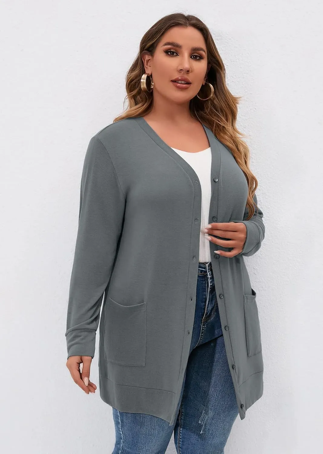 AusLook Plus Size Lightweight Cardigan For Women long Sleeve Coat Open Front Bolero Tops Button Down Soft Outwear 1X-5X