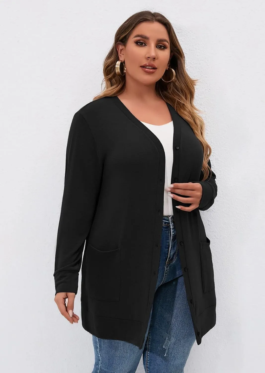 AusLook Plus Size Lightweight Cardigan For Women long Sleeve Coat Open Front Bolero Tops Button Down Soft Outwear 1X-5X