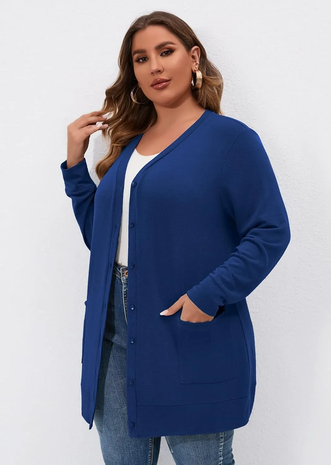 AusLook Plus Size Lightweight Cardigan For Women long Sleeve Coat Open Front Bolero Tops Button Down Soft Outwear 1X-5X