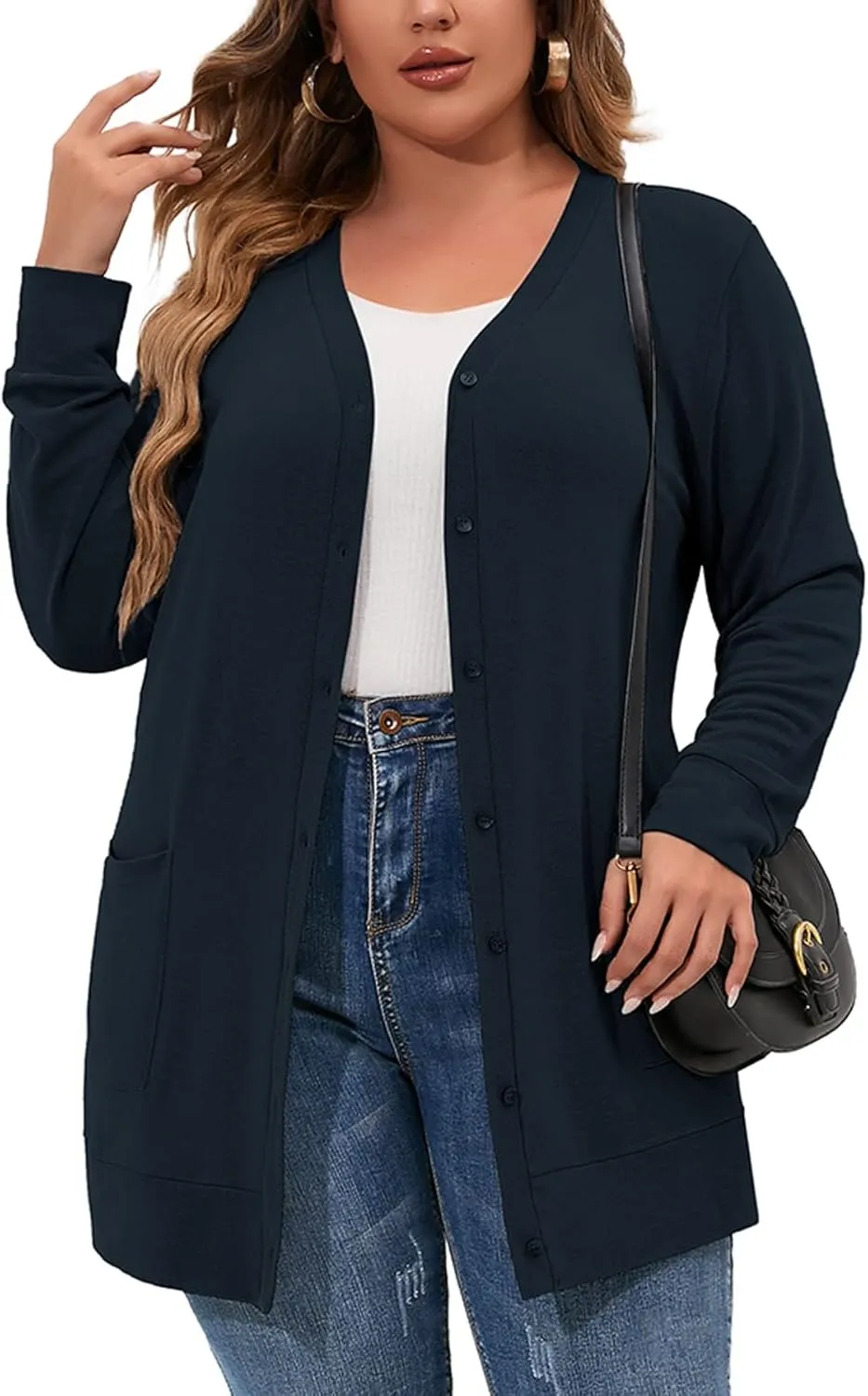 AusLook Plus Size Lightweight Cardigan For Women long Sleeve Coat Open Front Bolero Tops Button Down Soft Outwear 1X-5X