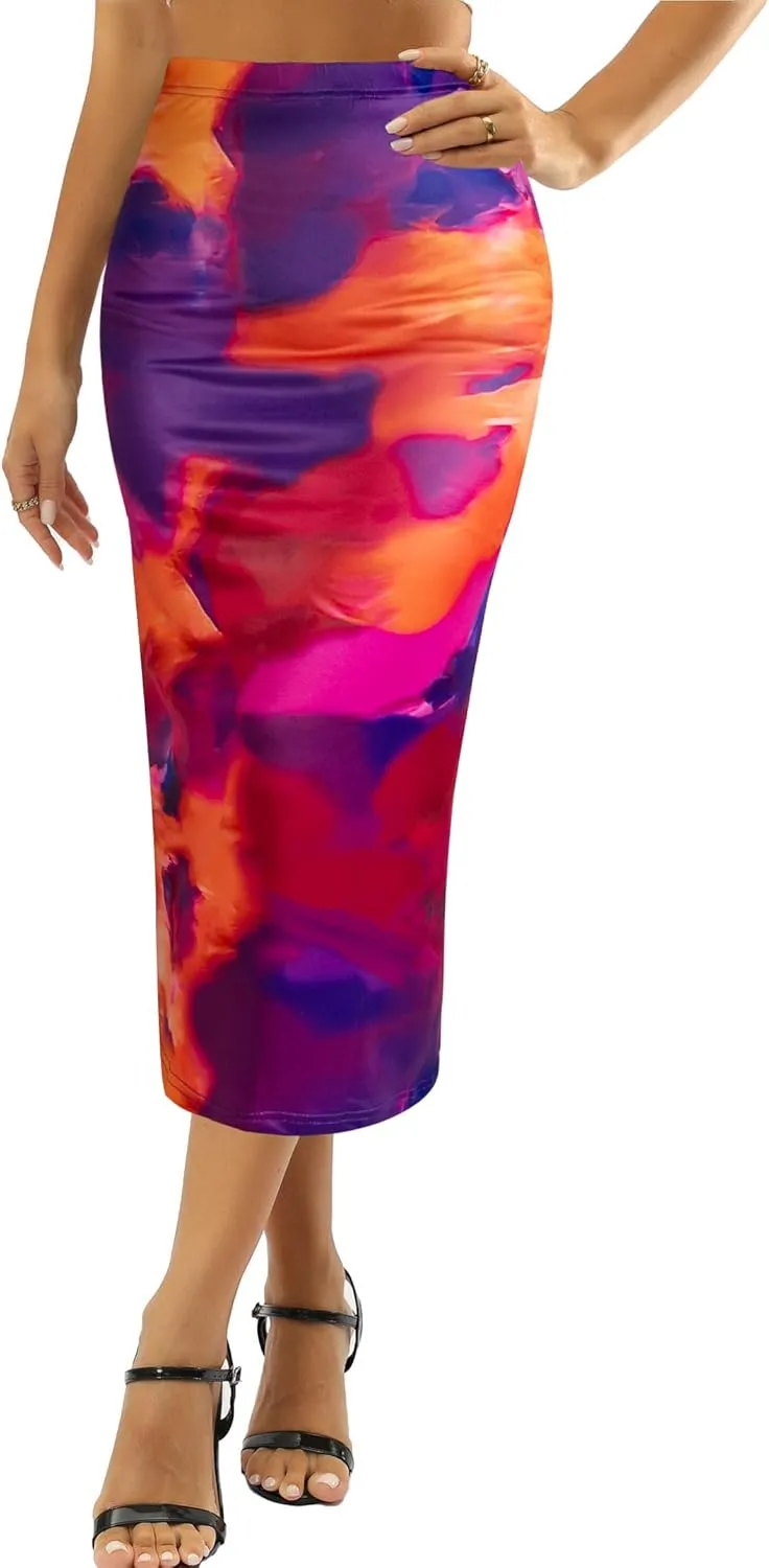 Avanova Women Floral Print Pencil Midi Skirt High Waisted Tight Bodycon Skirts