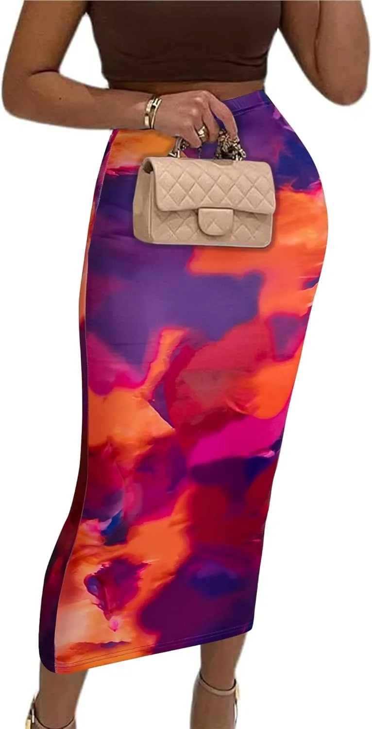 Avanova Women Floral Print Pencil Midi Skirt High Waisted Tight Bodycon Skirts