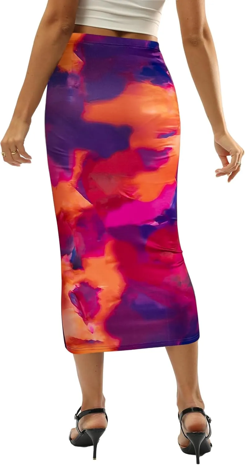 Avanova Women Floral Print Pencil Midi Skirt High Waisted Tight Bodycon Skirts