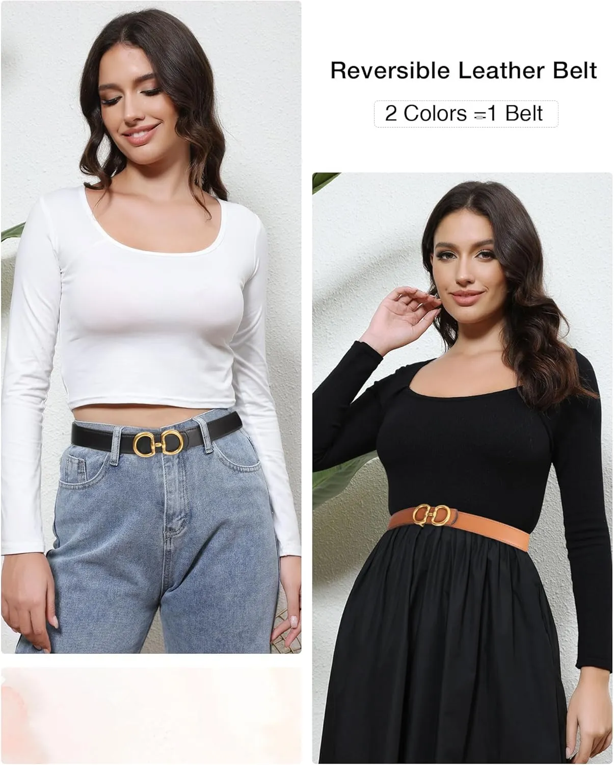 AWAYTR Reversible Belt for Women - Two-in-One Women Fashion Leather Belt for Jeans with Golden Buckle