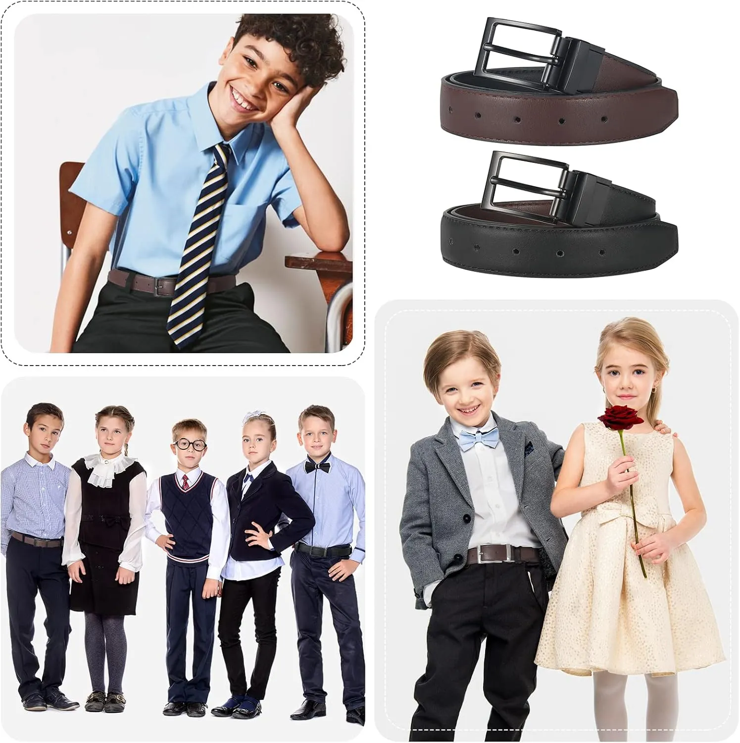 AWAYTR Reversible Kids Belts for Boys - Black and Brown Leather Belt for School Uniform Casual Jeans