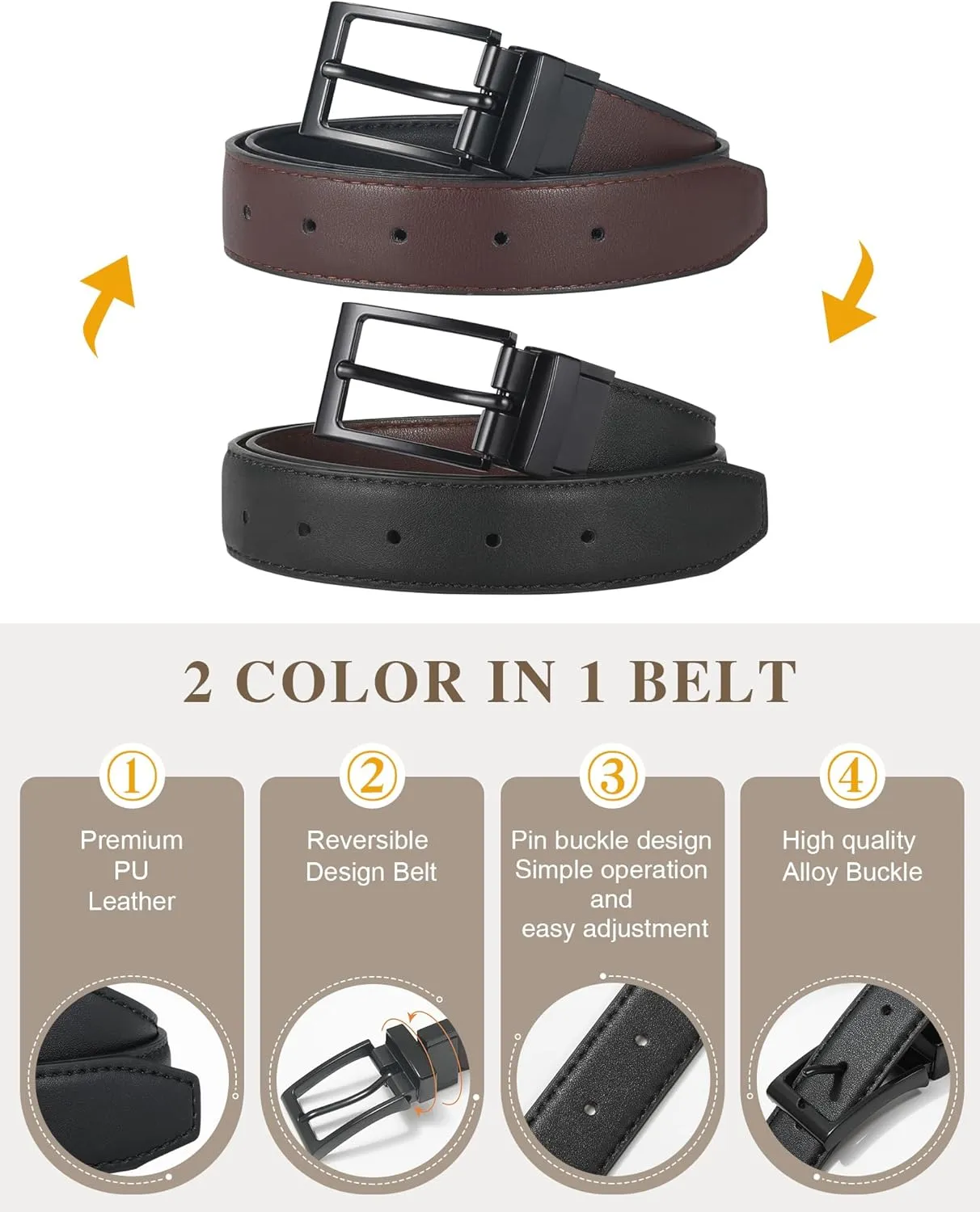 AWAYTR Reversible Kids Belts for Boys - Black and Brown Leather Belt for School Uniform Casual Jeans