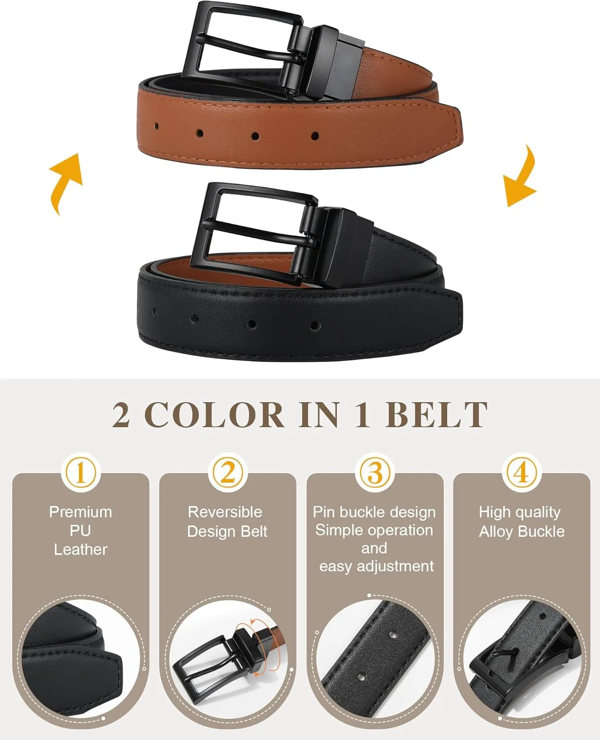 AWAYTR Reversible Kids Belts for Boys - Black and Brown Leather Belt for School Uniform Casual Jeans