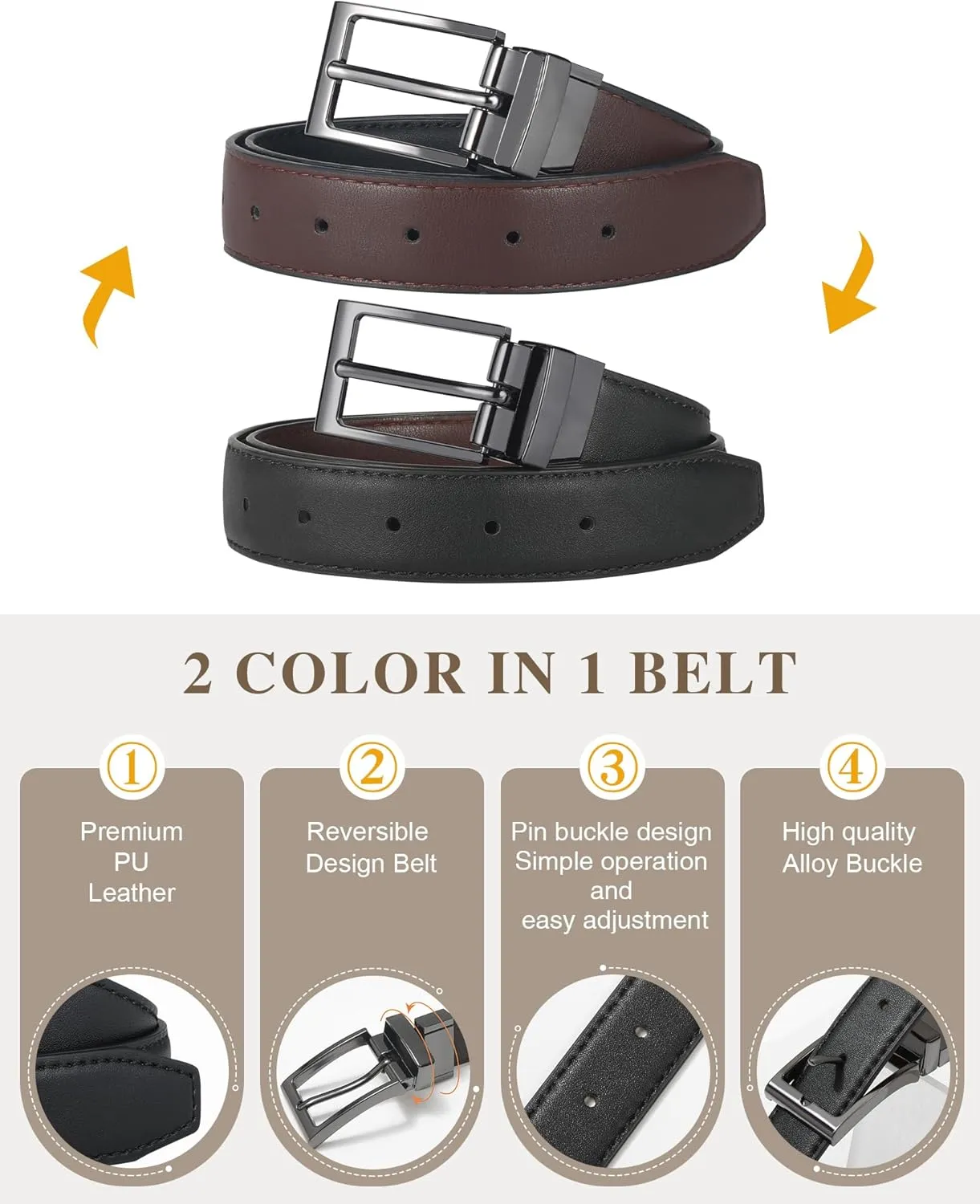 AWAYTR Reversible Kids Belts for Boys - Black and Brown Leather Belt for School Uniform Casual Jeans