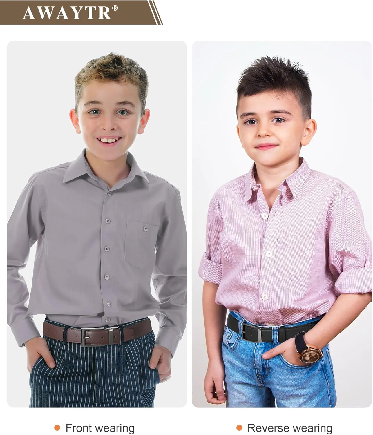 AWAYTR Reversible Kids Belts for Boys - Black and Brown Leather Belt for School Uniform Casual Jeans