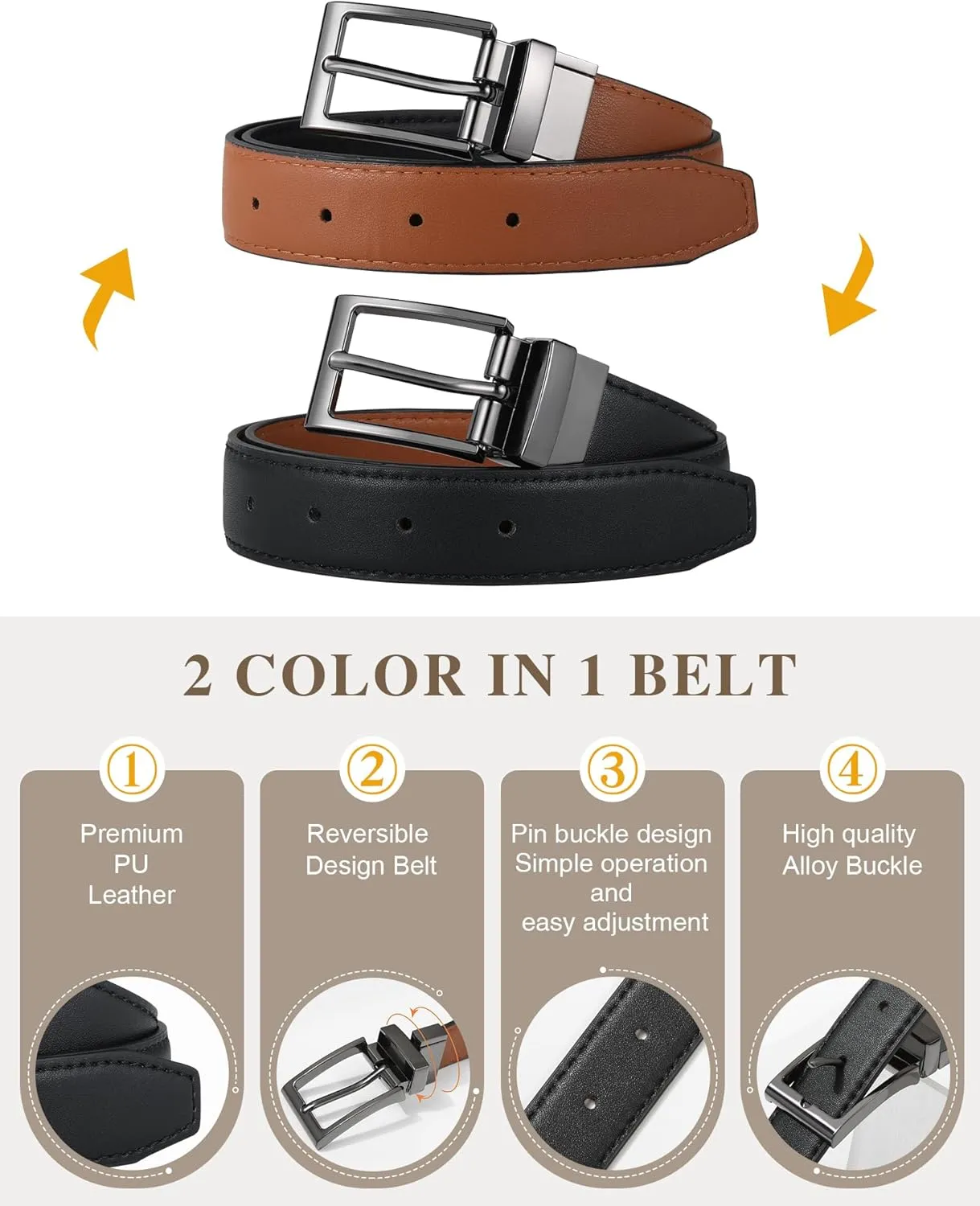 AWAYTR Reversible Kids Belts for Boys - Black and Brown Leather Belt for School Uniform Casual Jeans