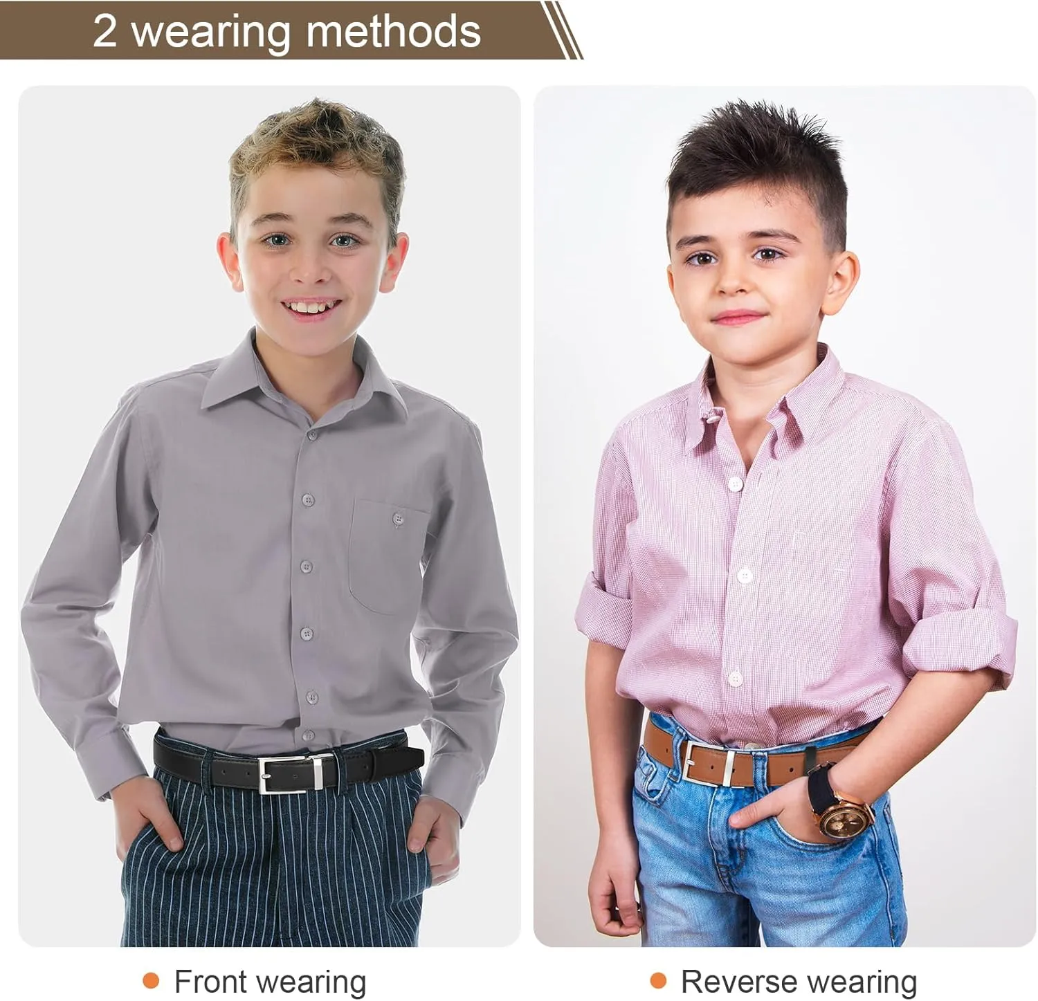 AWAYTR Reversible Kids Belts for Boys - Black and Brown Leather Belt for School Uniform Casual Jeans