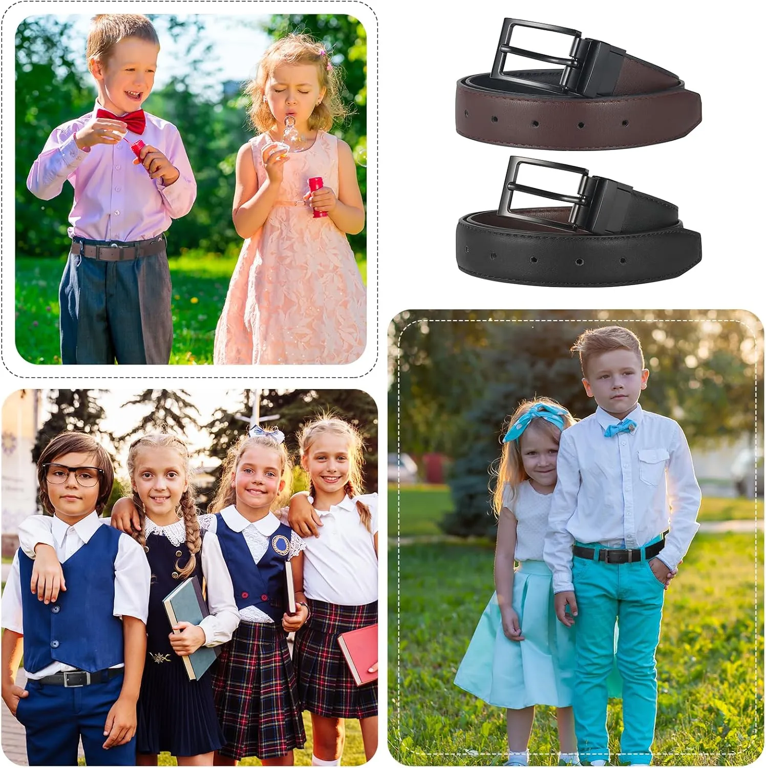AWAYTR Reversible Kids Belts for Boys - Black and Brown Leather Belt for School Uniform Casual Jeans