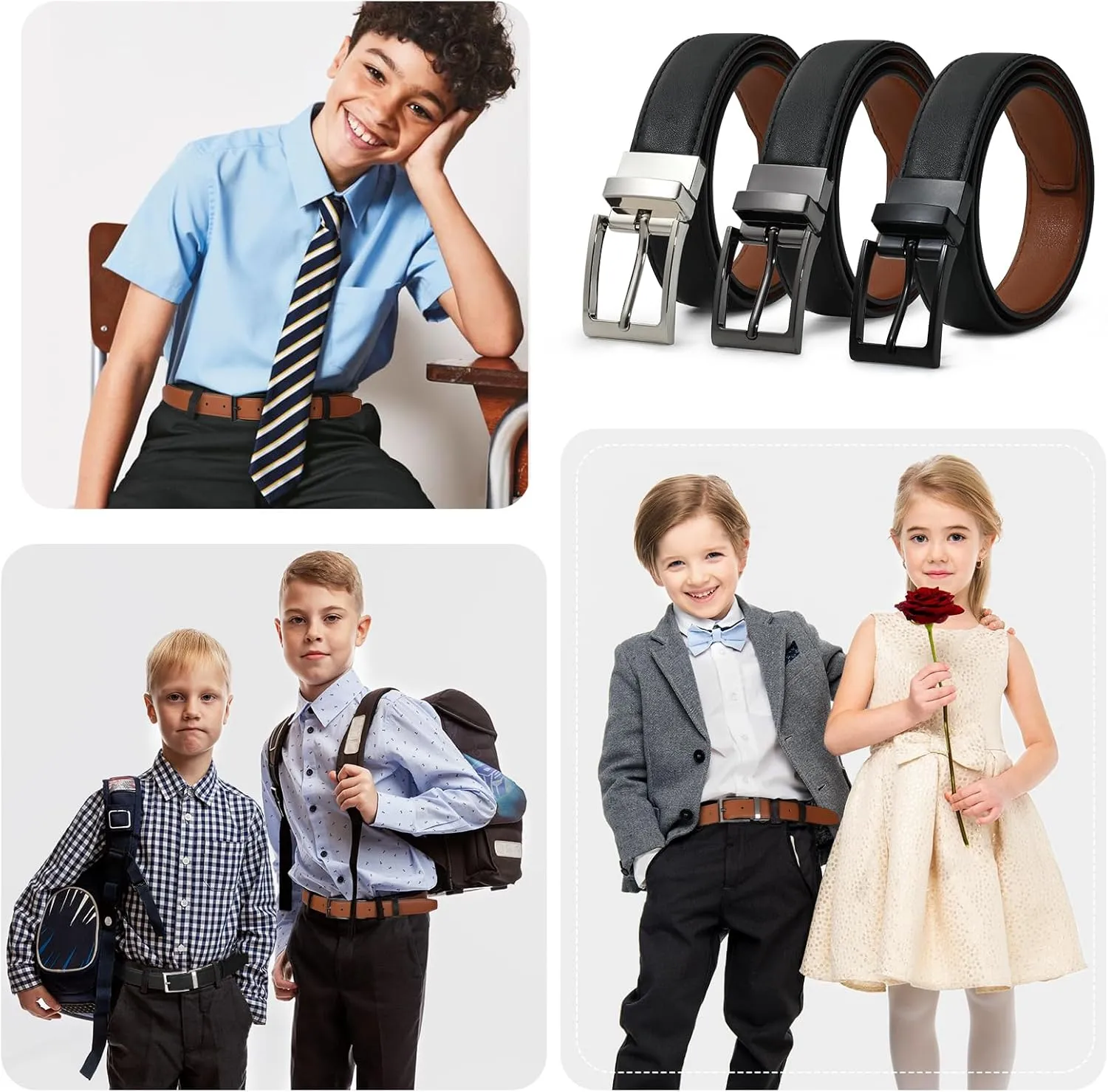 AWAYTR Reversible Kids Belts for Boys - Black and Brown Leather Belt for School Uniform Casual Jeans