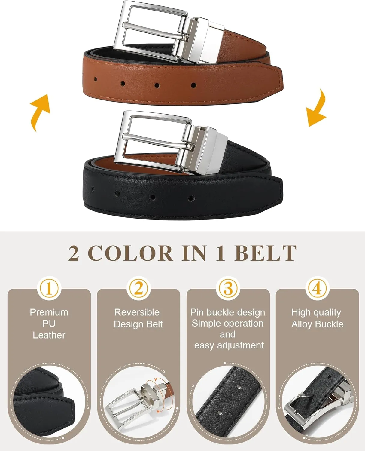 AWAYTR Reversible Kids Belts for Boys - Black and Brown Leather Belt for School Uniform Casual Jeans