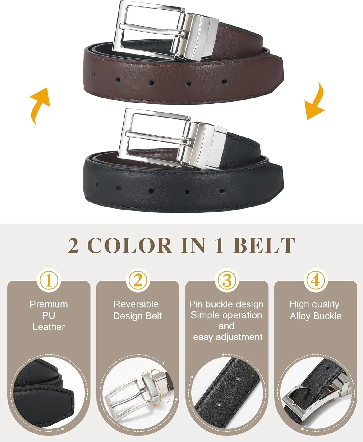 AWAYTR Reversible Kids Belts for Boys - Black and Brown Leather Belt for School Uniform Casual Jeans
