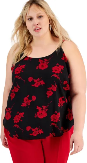 Bar III Women's Plus Size Floral-Print Camisole (Black/Morello Cherry, 1X)