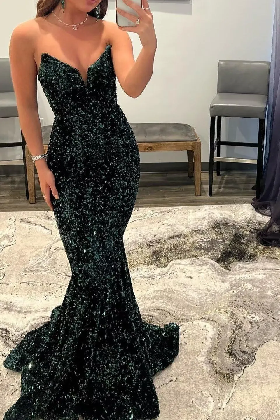 Basgute Sequin Mermaid Prom Dresses for Women Sparkly Long Sexy Strapless V Neck Bodycon Formal Evening Party Gowns