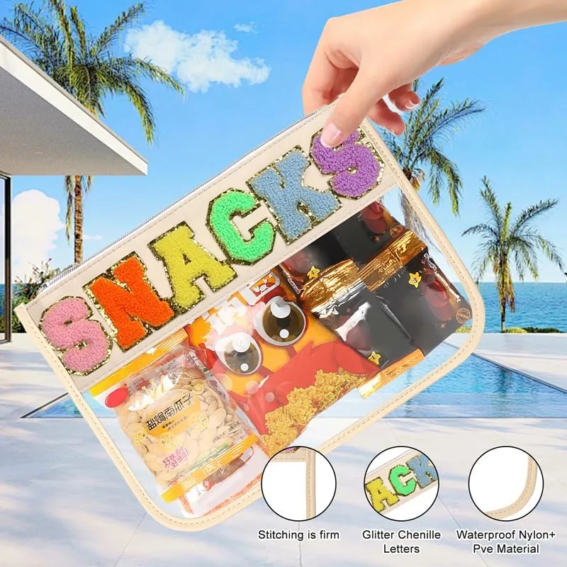 BCRMPT Chenille Letter Bag Clear Flat Pouch,Multi-purpose PVC&Nylon Clear Cosmetic Bags,Travel Makeup Bag With Zipper For Women,Clear Pouches for Travel,Gym,Beach (Beige-Snacks)