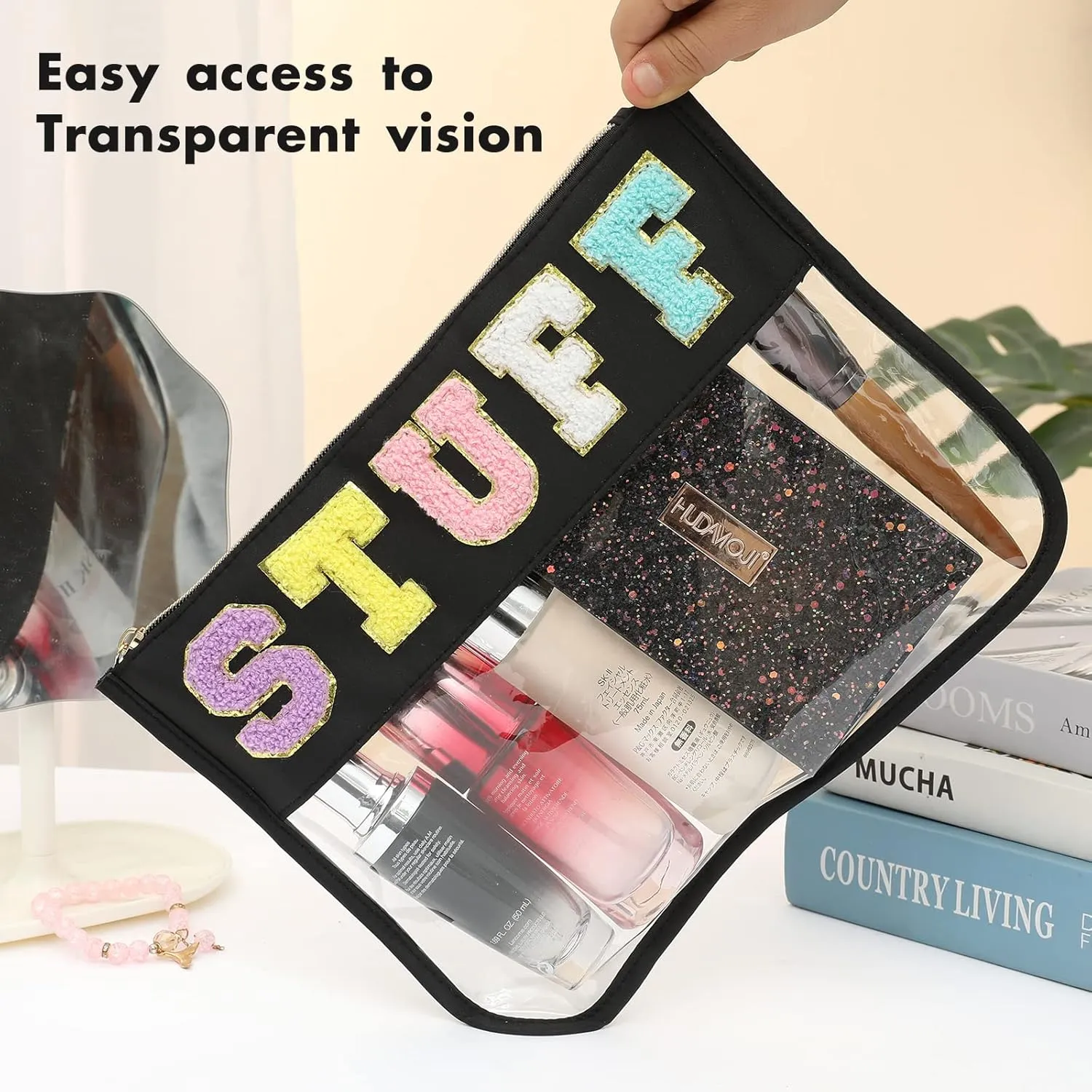 BCRMPT Chenille Letter Bag Clear Flat Pouch,Multi-purpose PVC&Nylon Clear Cosmetic Bags,Travel Makeup Bag With Zipper For Women,Clear Pouches for Travel,Gym,Beach (Black-Stuff)