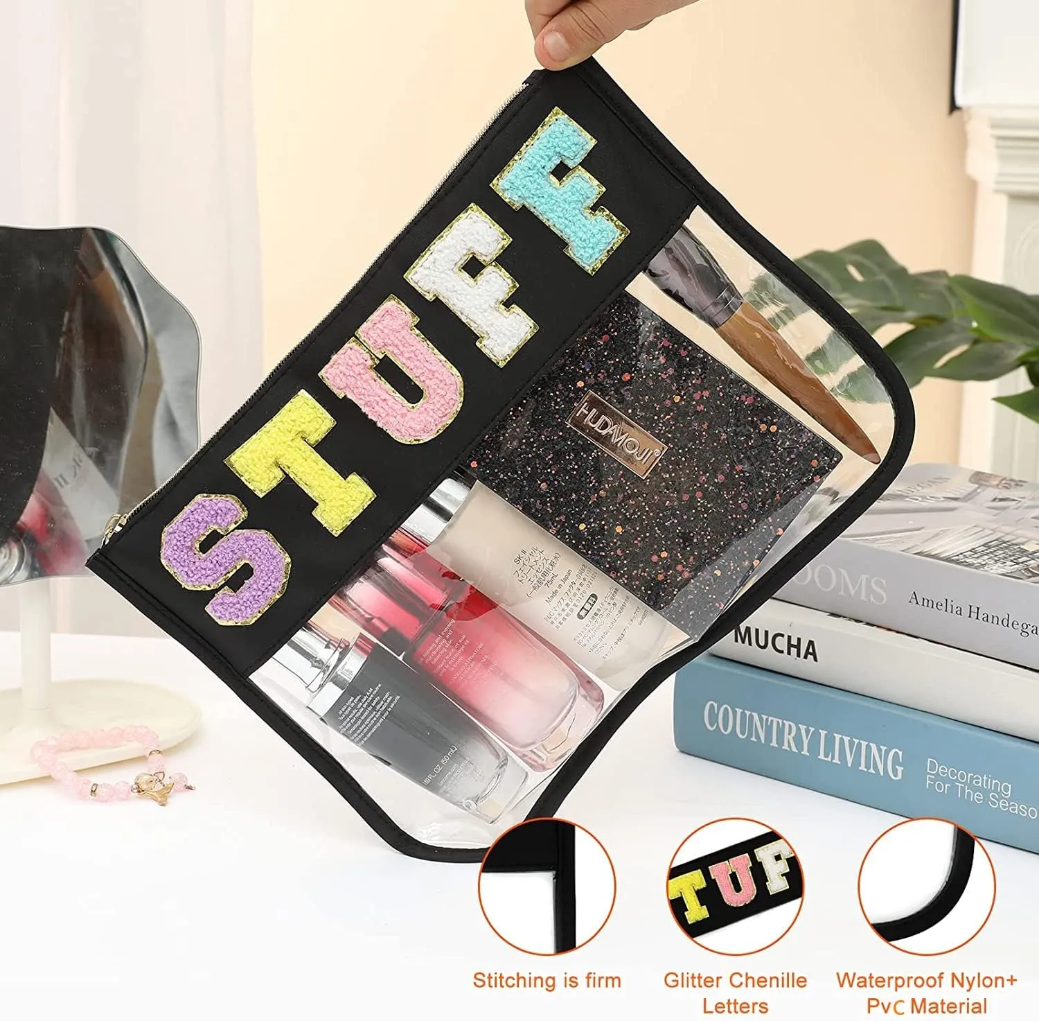 BCRMPT Chenille Letter Bag Clear Flat Pouch,Multi-purpose PVC&Nylon Clear Cosmetic Bags,Travel Makeup Bag With Zipper For Women,Clear Pouches for Travel,Gym,Beach (Black-Stuff)