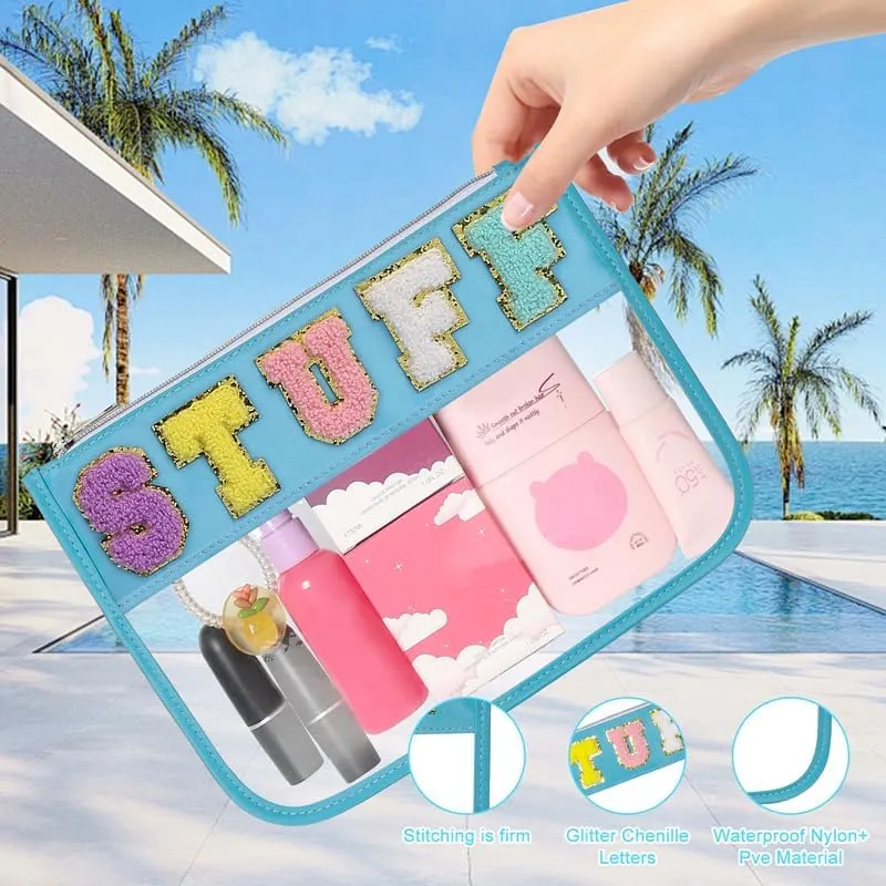BCRMPT Chenille Letter Bag Clear Flat Pouch,Multi-purpose PVC&Nylon Clear Cosmetic Bags,Travel Makeup Bag With Zipper For Women,Clear Pouches for Travel,Gym,Beach (Blue-Stuff)