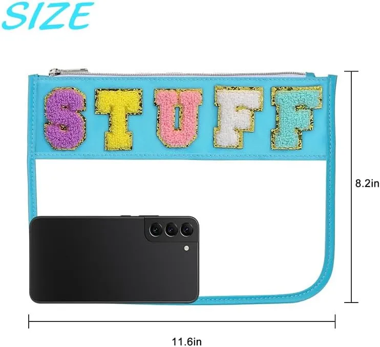 BCRMPT Chenille Letter Bag Clear Flat Pouch,Multi-purpose PVC&Nylon Clear Cosmetic Bags,Travel Makeup Bag With Zipper For Women,Clear Pouches for Travel,Gym,Beach (Blue-Stuff)