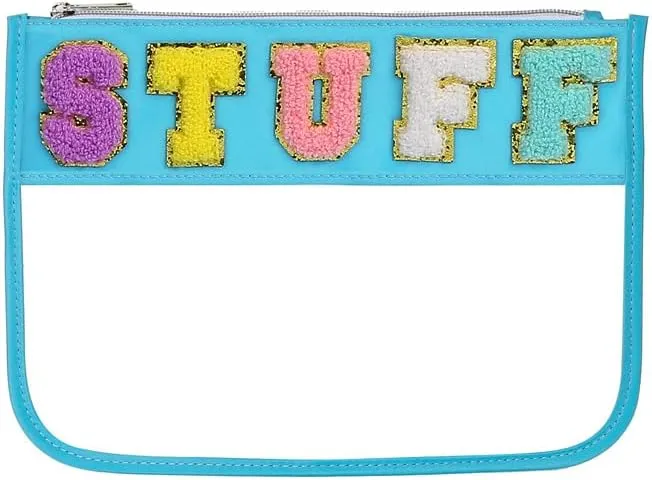 BCRMPT Chenille Letter Bag Clear Flat Pouch,Multi-purpose PVC&Nylon Clear Cosmetic Bags,Travel Makeup Bag With Zipper For Women,Clear Pouches for Travel,Gym,Beach (Blue-Stuff)