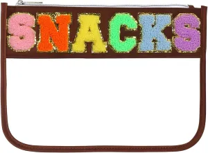 BCRMPT Chenille Letter Bag Clear Flat Pouch,Multi-purpose PVC&Nylon Clear Cosmetic Bags,Travel Makeup Bag With Zipper For Women,Clear Pouches for Travel,Gym,Beach (Coffee-Snacks)
