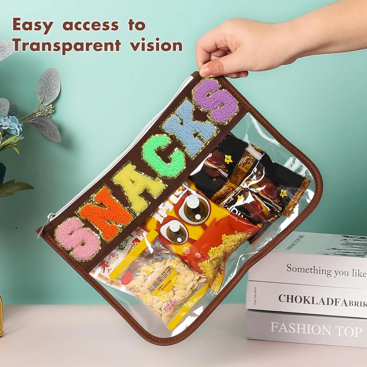 BCRMPT Chenille Letter Bag Clear Flat Pouch,Multi-purpose PVC&Nylon Clear Cosmetic Bags,Travel Makeup Bag With Zipper For Women,Clear Pouches for Travel,Gym,Beach (Coffee-Snacks)