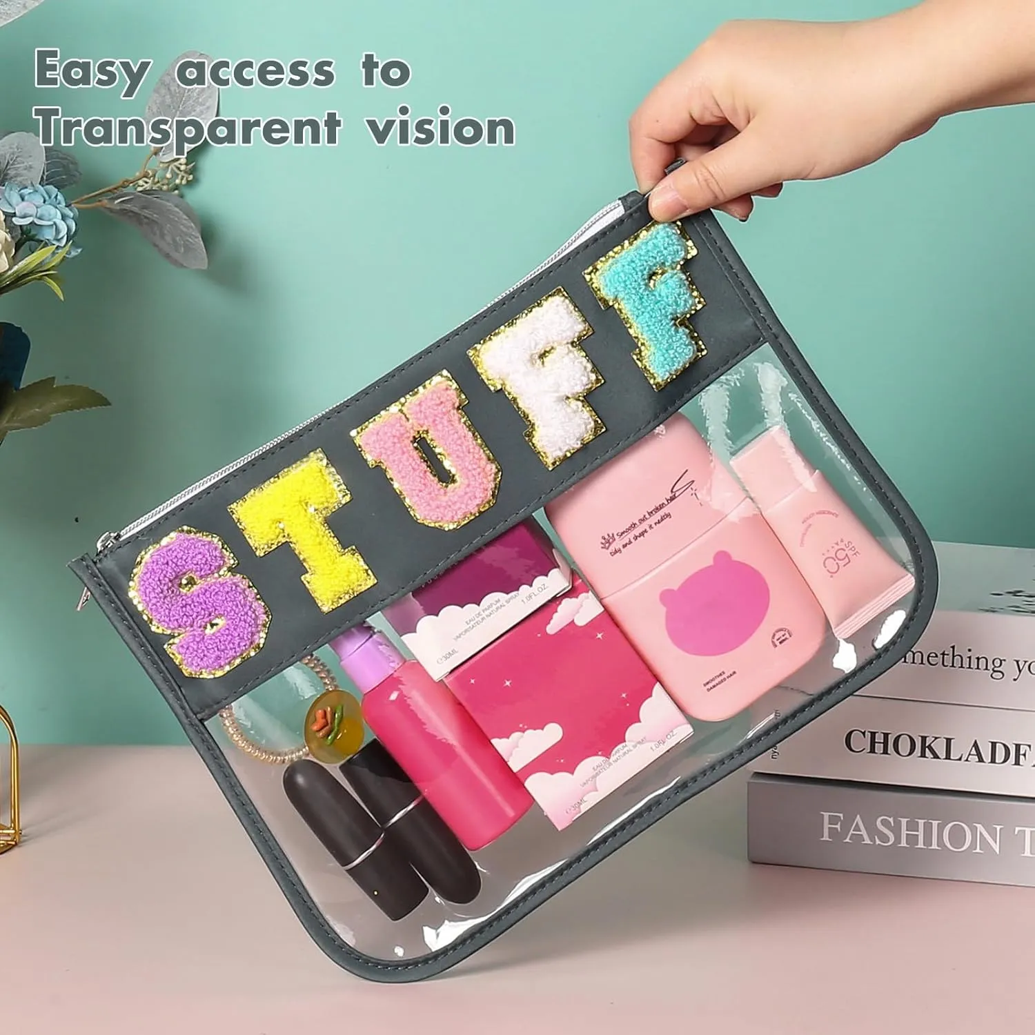 BCRMPT Chenille Letter Bag Clear Flat Pouch,Multi-purpose PVC&Nylon Clear Cosmetic Bags,Travel Makeup Bag With Zipper For Women,Clear Pouches for Travel,Gym,Beach (Dark Green-Stuff)