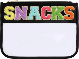 BCRMPT Chenille Letter Pouch, Multi-purpose PVC Nylon Cosmetic Bag, Travel Makeup Bag With Zipper For Women, Beach Gym pouch (Black-Snacks)