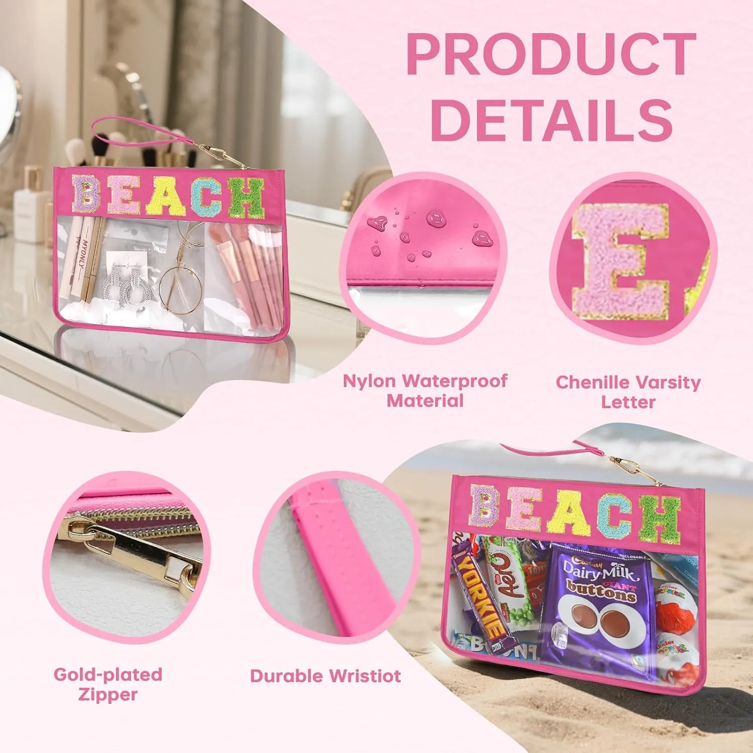 Beach Bag,Sunscreen Bag, Chenille Letter Clear Zipper Pouch for Travel Preppy Patch Makeup Bag-Nylon Cosmetic Preppy Makeup Waterproof Organizer Bags Set for Women Valentines Bags (MH-BEACH)