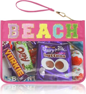 Beach Bag,Sunscreen Bag, Chenille Letter Clear Zipper Pouch for Travel Preppy Patch Makeup Bag-Nylon Cosmetic Preppy Makeup Waterproof Organizer Bags Set for Women Valentines Bags (MH-BEACH)