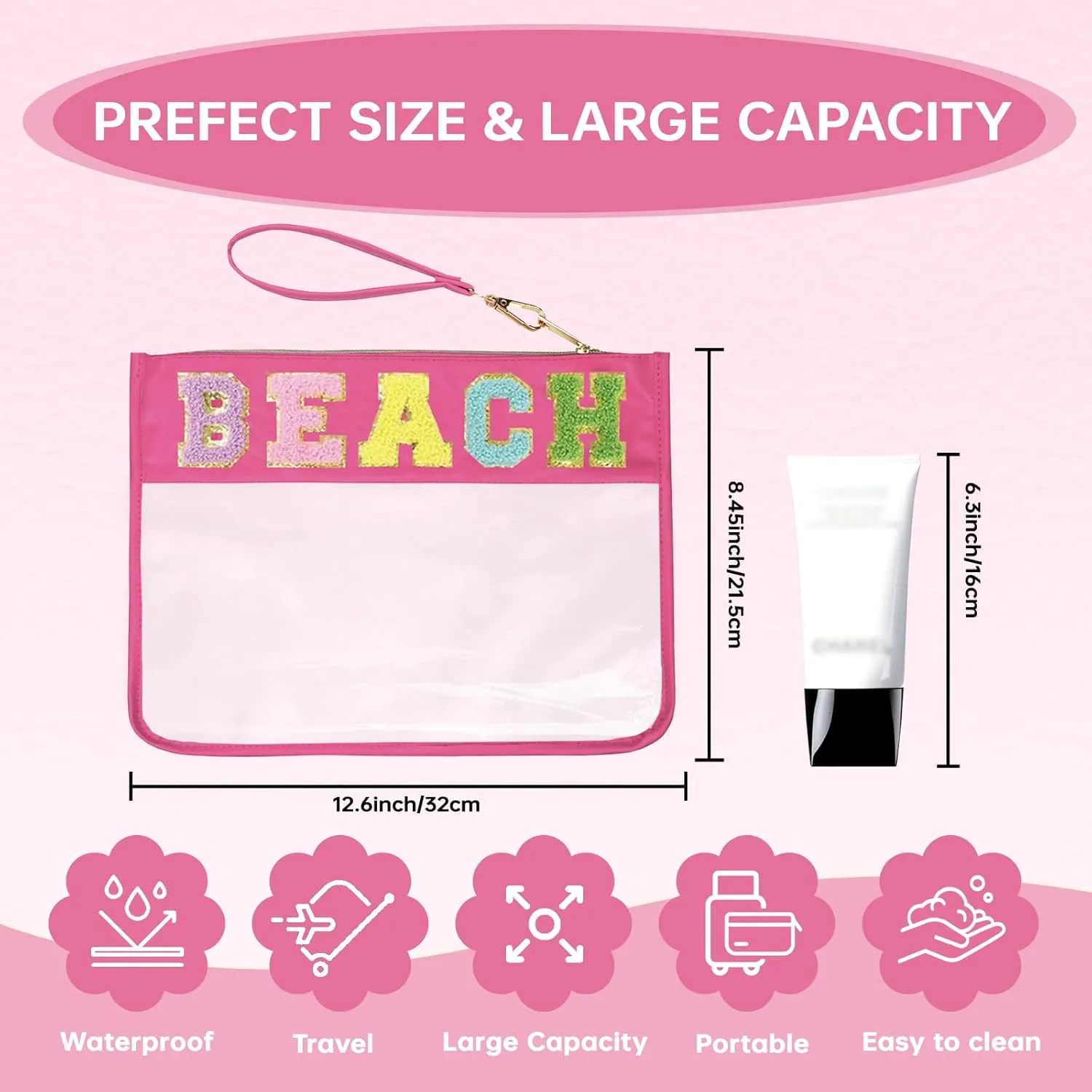 Beach Bag,Sunscreen Bag, Chenille Letter Clear Zipper Pouch for Travel Preppy Patch Makeup Bag-Nylon Cosmetic Preppy Makeup Waterproof Organizer Bags Set for Women Valentines Bags (MH-BEACH)