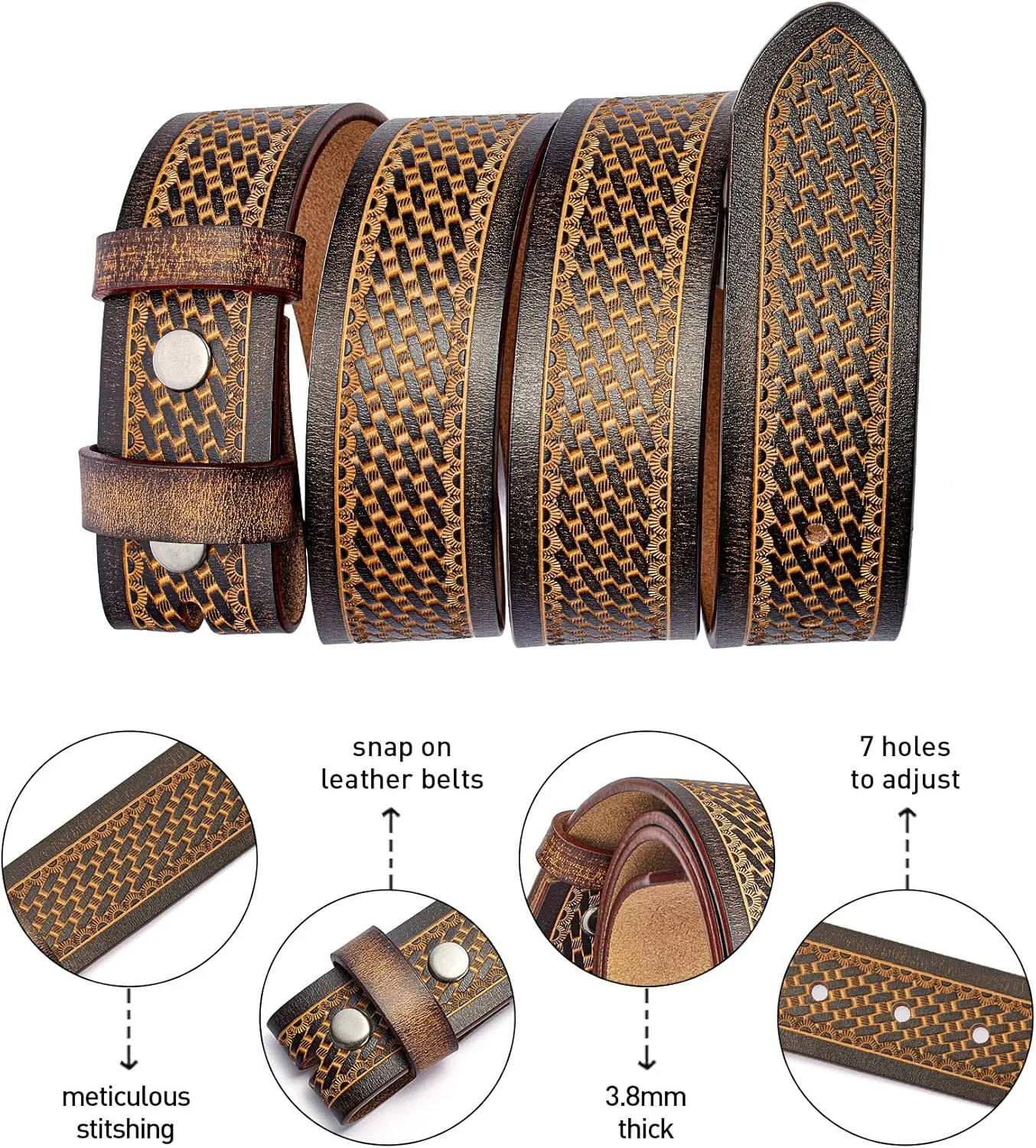 BISON DENIM Western Genuine Leather Belts for Men without Buckle Cowboy Belt 1.5" Belt for Jeans